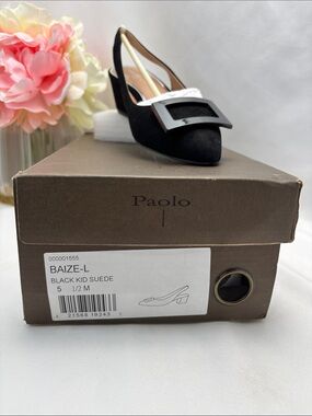Paolo Women’s 5.5M Black Suede Pointed Slingback Pumps with Square Buckle#379